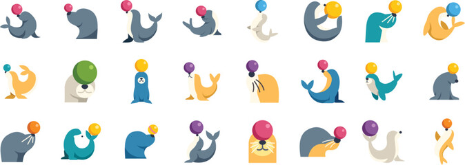 Cartoon seals balancing colorful balls and balloons, showcasing playful circus animals in various poses