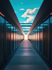 Server hallway in the blue sky