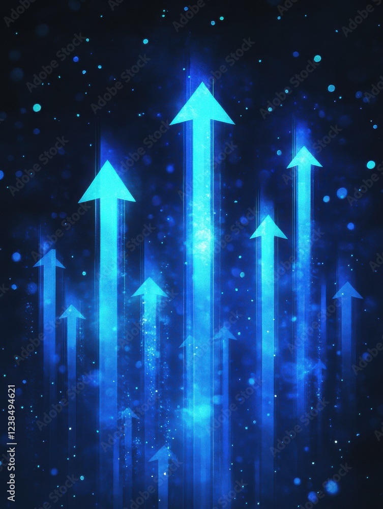 Poster abstract background with blue glowing arrows pointing upwards, representing growth and progress in t