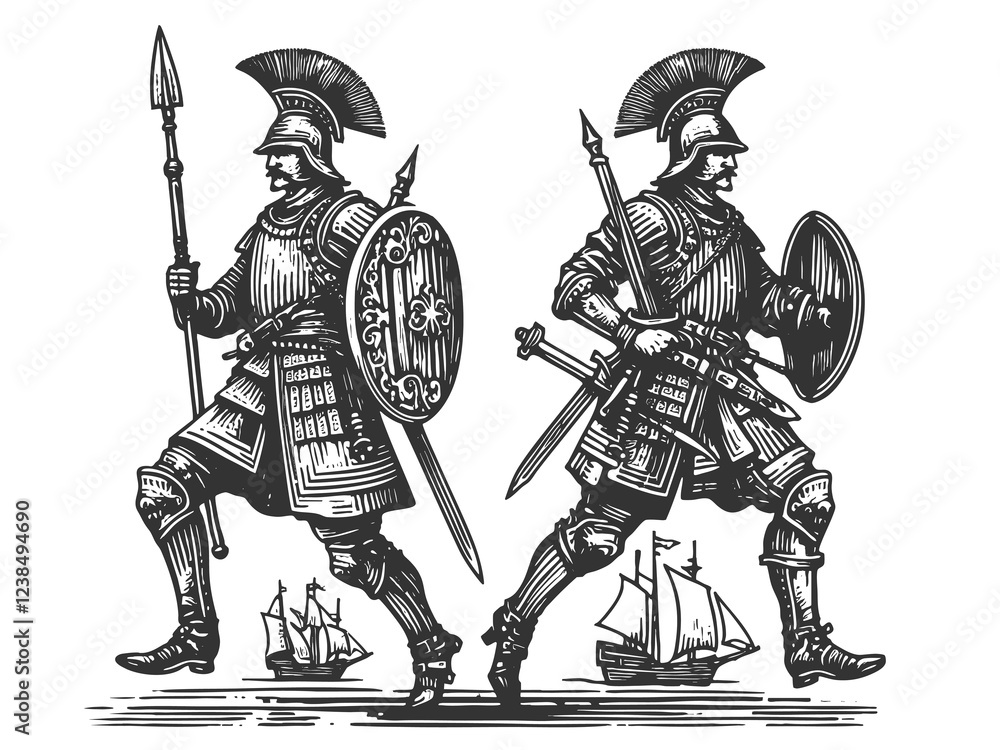 Aufkleber armored warriors with spears and shields standing over sailing ships, symbolizing power and protecti