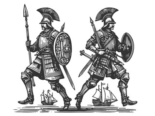 Obraz premium armored warriors with spears and shields standing over sailing ships, symbolizing power and protection sketch engraving generative ai raster illustration. Scratch board. Black and white image.