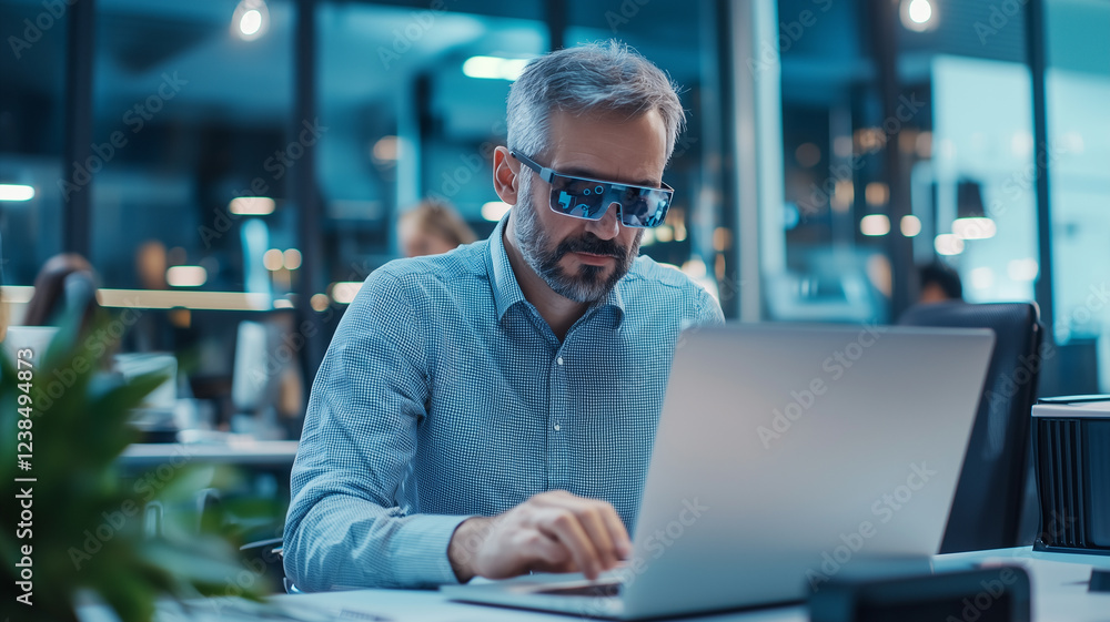 Poster professional using AI powered smart glasses while working on laptop in modern office