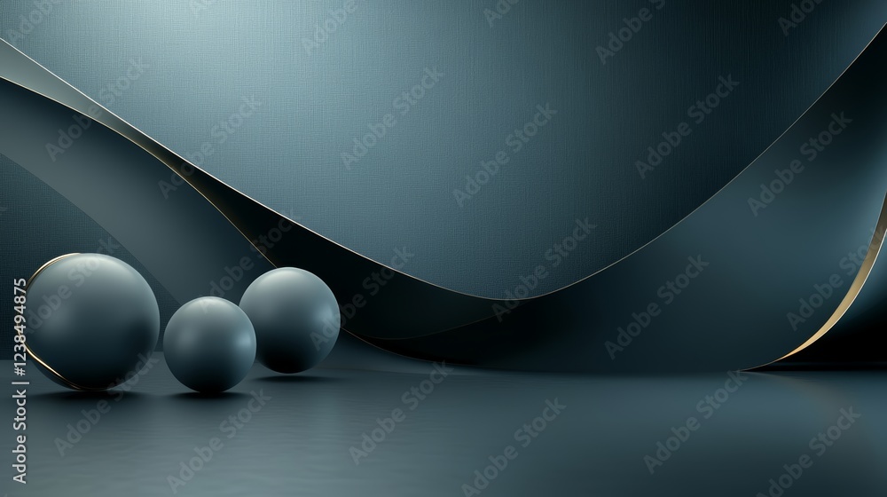 Poster abstract design background with smooth curves and glossy spheres in a chaotic arrangement for creati