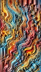 A highly textured three dimensional imprint with vibrant colors and bold forms creates depth and tactile energy.