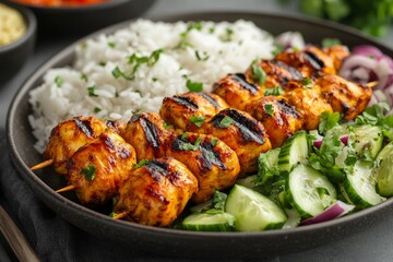 Fototapeta premium Grilled chicken skewers, rice, cucumber salad