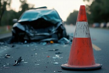 Car crash aftermath on a quiet road during the golden hour of sunset