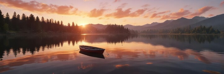Sunset over a serene lake with a red boat partially submerged in the water, partial, lakes