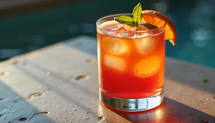 Refreshing tropical cocktail with orange and mint by the pool