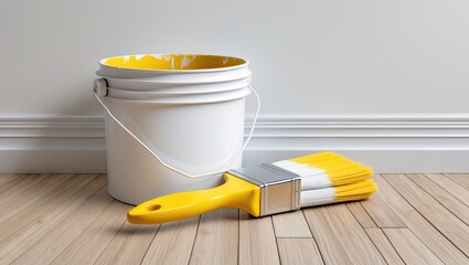 white paint bucket with a yellow paintbrush resting on a wooden floor against a plain white wall. The paint bucket has a handle on the right side and a spout on the left side. 