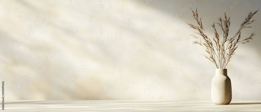 Poster neutral minimal background with ceramic vase and dried grass on textured surface