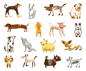 Obraz premium Pencil drawing dogs. Children crayon pencils draw, primitive grunge dog isolated. Adorable puppy with bow, bulldog and terriers. Hand drawn neoteric vector set