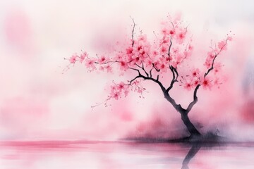 A soft watercolor painting of cherry blossoms gently falling throughout a peaceful park, their delicate pink petals blending with the soft background