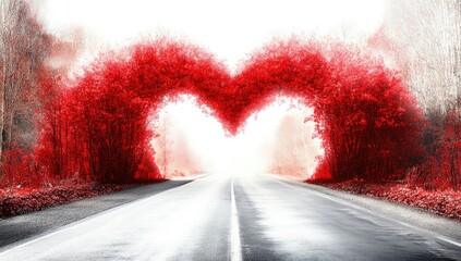 Heart-shaped tunnel of red trees lining a scenic road, romantic Valentine's Day background, love concept, nature landscape with copy space for text, banner or poster