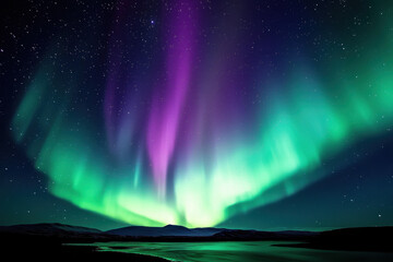 Naklejka premium Vibrant purple and green northern lights dancing above the horizon in a dark night sky.