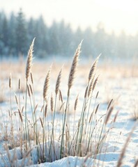 Fototapeta premium Tall Grass Stems in Soft Focal Winter Landscape, dry reeds, winter wonderland