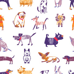Grunge dogs seamless pattern. Crayon style drawing animals, different puppies and dog. Print with pets for fabric webpage wrapping, neoteric vector background