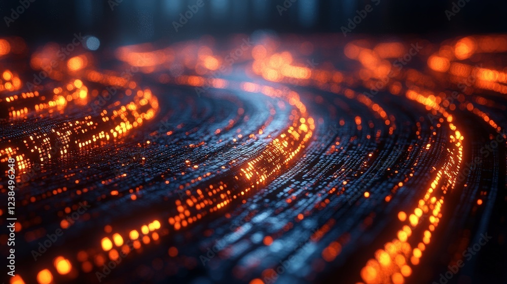 Fototapete Abstract visualization of glowing data streams flowing through a dark, digital landscape