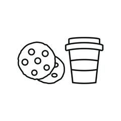 Drink and chocolate chip cookies set food icon in flat style, featuring a refreshing beverage in a cup with a straw and a stack of delicious chocolate chip cookies.