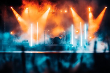 A stage set for an upcoming concert, with bright lights and instruments ready for the performers