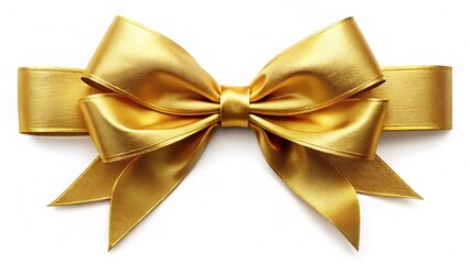 Beautiful golden ribbon bow, perfect for gift wrapping and decoration. Isolated on white background, png.
