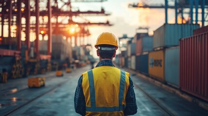 Cargo Foreman Supervising Container Loading at Port During Sunset with Heavy Machinery and Clear Skies