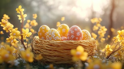 Easter eggs nest spring flowers sunrise card