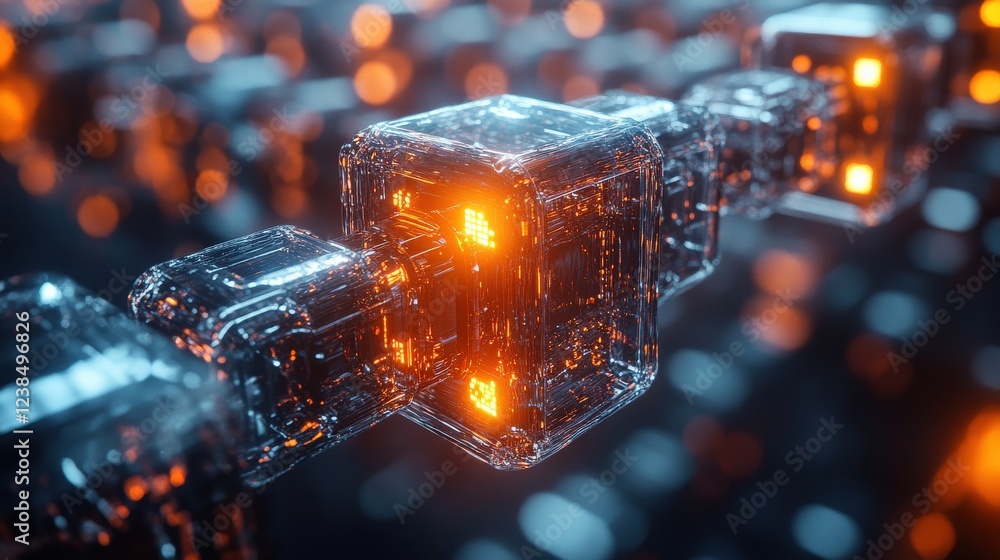 Poster abstract visualization of interconnected glowing cubes showcasing advanced technology in a digital e