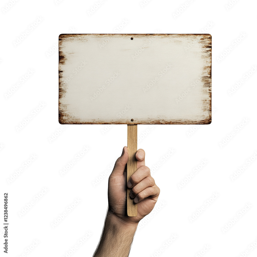 Poster a man's hand holds a weathered blank wooden sign against a black background ideal for adding text or