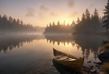 Naklejka premium The golden bow is resting at the edge of a serene lake with a misty dawn approaching , , bows