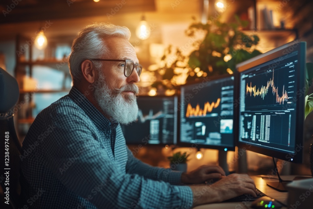 Aufkleber a tech-savvy investor monitoring live interest rate changes on multiple computer screens in a sleek 