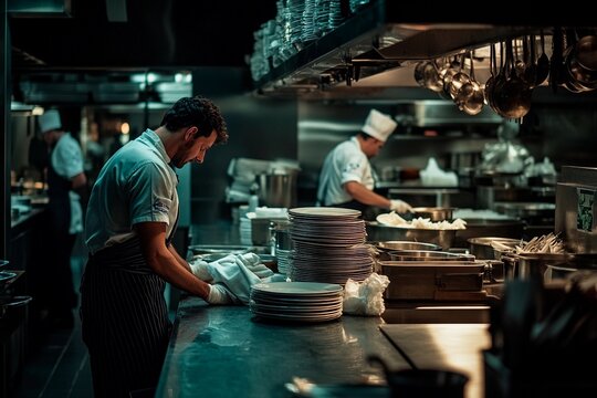 Nighttime culinary hustle in a bustling kitchen with dedicated chefs at work preparing dishes