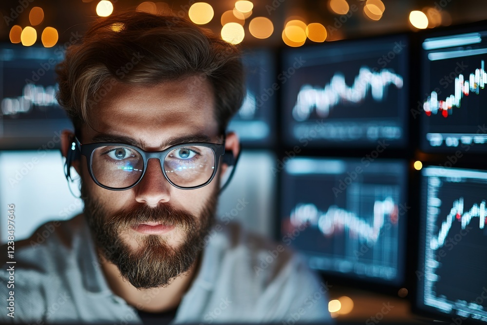 Aufkleber a tech-savvy investor monitoring live interest rate changes on multiple computer screens in a sleek 