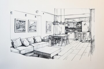 Hand-drawn sketch of modern open-plan living and kitchen area.