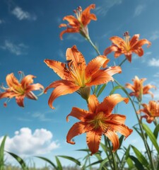 Tiger Lily blossom in full bloom against a blue sky , blooming beauty, blooming flowers