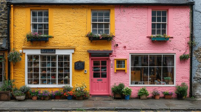 Colorful twin shops with pink and yellow walls