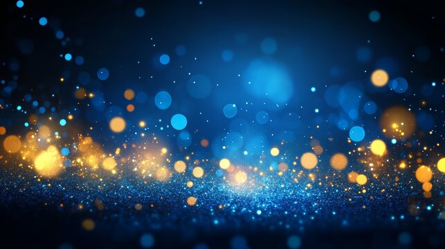 Falling confetti on blue background, abstract background with dark blue and gold particle. Golden light shine particles Bokeh on navy blue background, celebration concept
