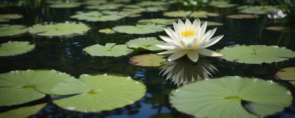 Tranquil image of white water lily surrounded by green lily pads, water lily, tranquil