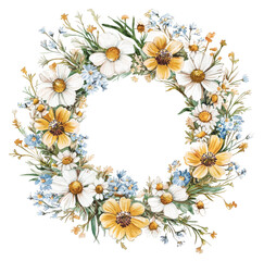 Obraz premium Floral Wreath with Daisies and Blue Flowers