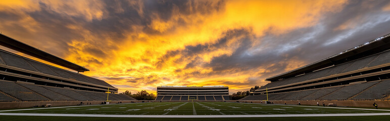 Fototapeta premium Empty football stadium at dusk illuminated by soft golden light under a dramatic, cloudy sky with shallow depth of field.