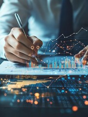 Close-up shot of an analytical working with the latest financial results Financial accounting sales forecast graphs analysis with hand writing , digital effect abstract for background , Generative AI