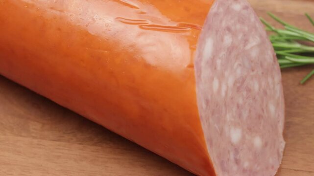 saucisson &agrave; l'ail, en gros plan, sur une planche &agrave; d&eacute;couper