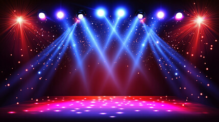 Vibrant stage with colorful spotlights and sparkling effects for concert promotions, party invitations, and entertainment event designs. Dynamic backdrop with empty copy space for creative use