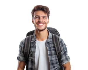 Traveler in Grey Plaid Shirt with Large Black Backpack on Transparent Background