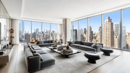 Modern living room with sleek gray furniture, large windows, and natural light streaming in. Air-conditioned with energy-efficient features.