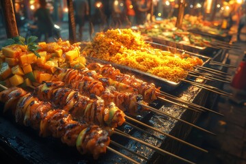 Night market, grilled skewers, rice, vibrant food, bustling crowd