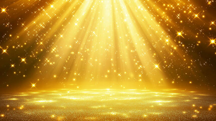 Glowing golden stage with sparkling light rays and glitter for festive celebrations, luxury event invitations, and glamorous party backgrounds. Shiny backdrop with empty copy space for design