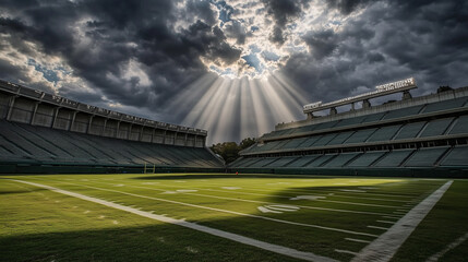 Empty football stadium at dusk illuminated by soft golden light under a dramatic, cloudy sky with shallow depth of field.
