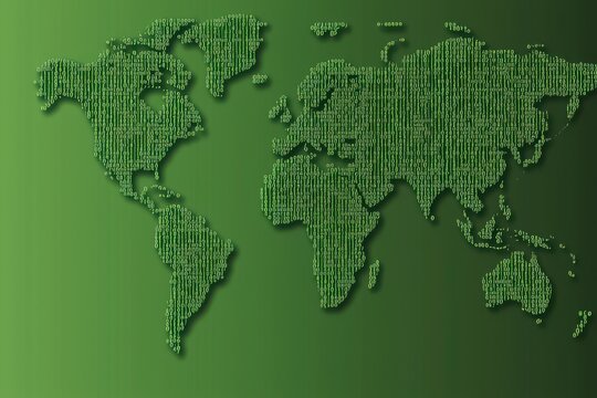World Map Design Created with Green Binary Code on a Textured Background for Technology and Environment Themes