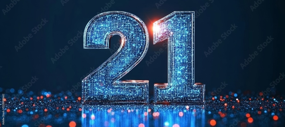 Aufkleber glowing digital single big 3d number 21 in futuristic style on digital abstract background