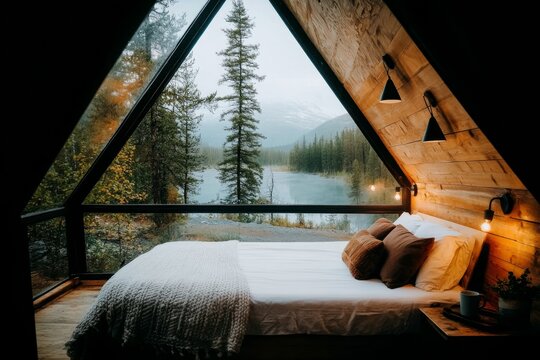 A weekend getaway in a rustic cabin, with a fireplace, soft blankets, and a warm cup of cocoa